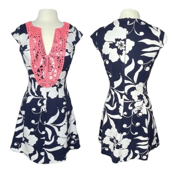 Lilly Pulitzer Briella Fit and Flare A line Floral Palm Beach dress Bright Navy - Picture 2 of 15